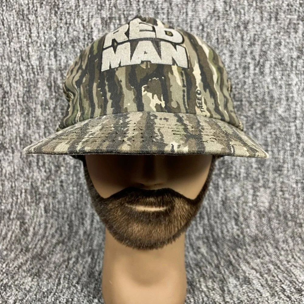 Vintage Red Man Tobacco Hat Camo Trucker TreBark Camouflage Mesh Cap VTG